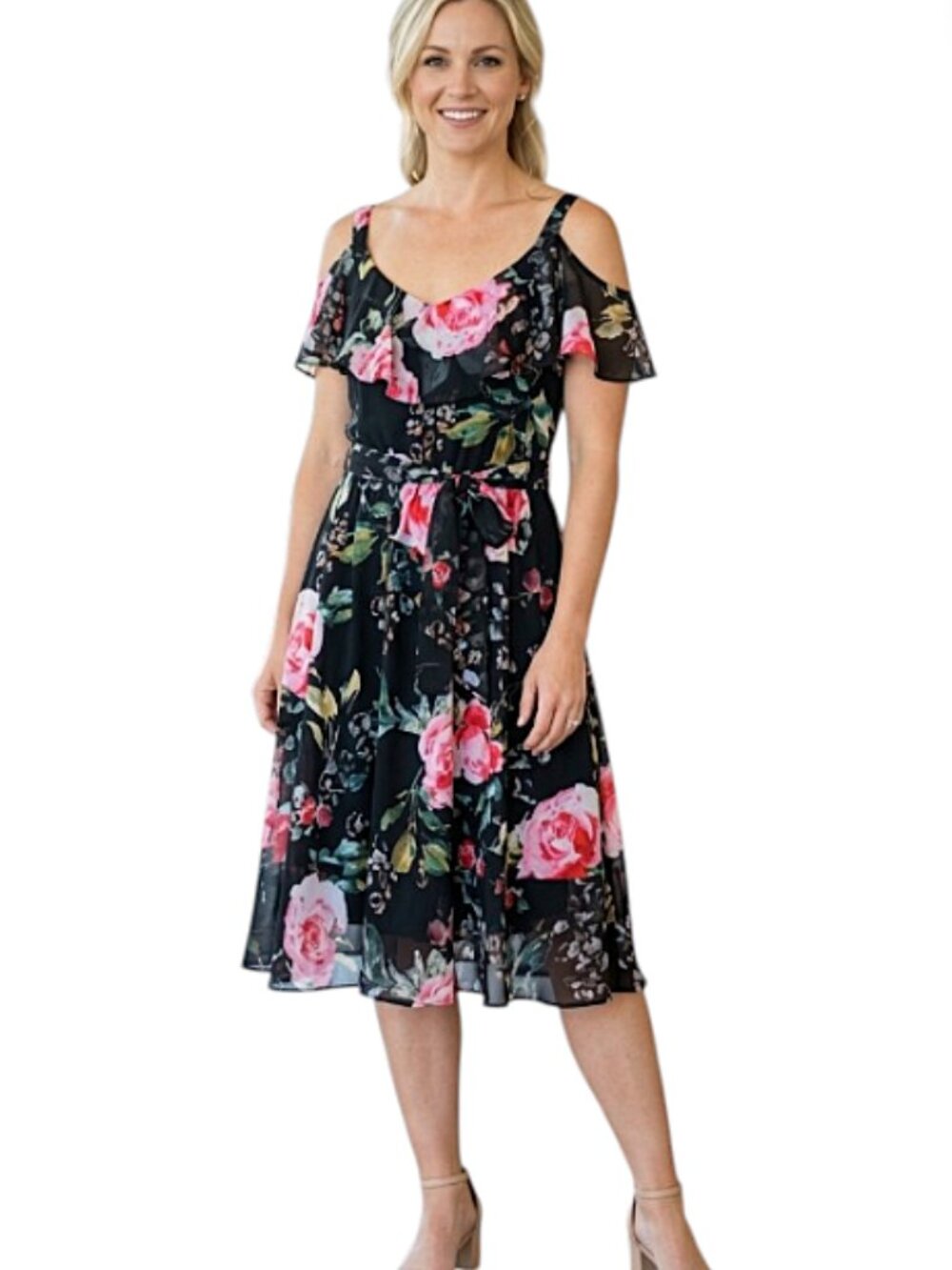 Joseph Ribkoff Floral Cold Shoulder Ruffle Midi Dress Wedding Guest Size 10
